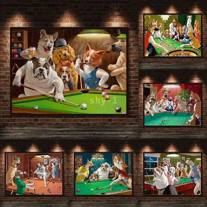 Playful Pets Canvas Art Dogs Playing Pool  Poker Fun Animal Wall Decor for Living Room