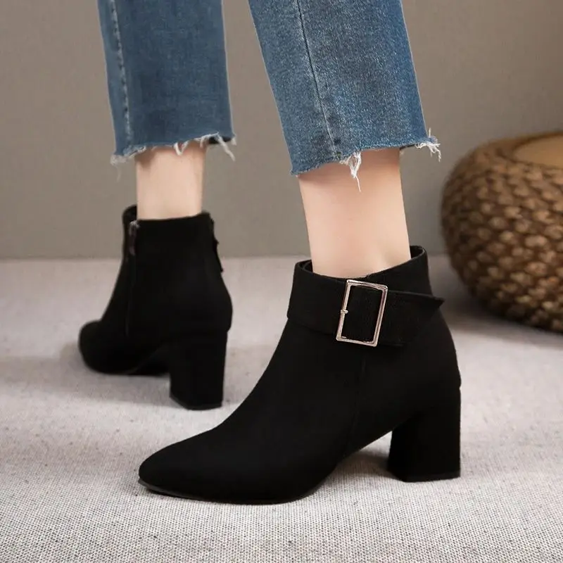 Black Ankle Boots Heels Pointed Toe Fashion Warm Casual Ankle Women\'S Strap Women\'S Boots Women Boots Botas De Mujer