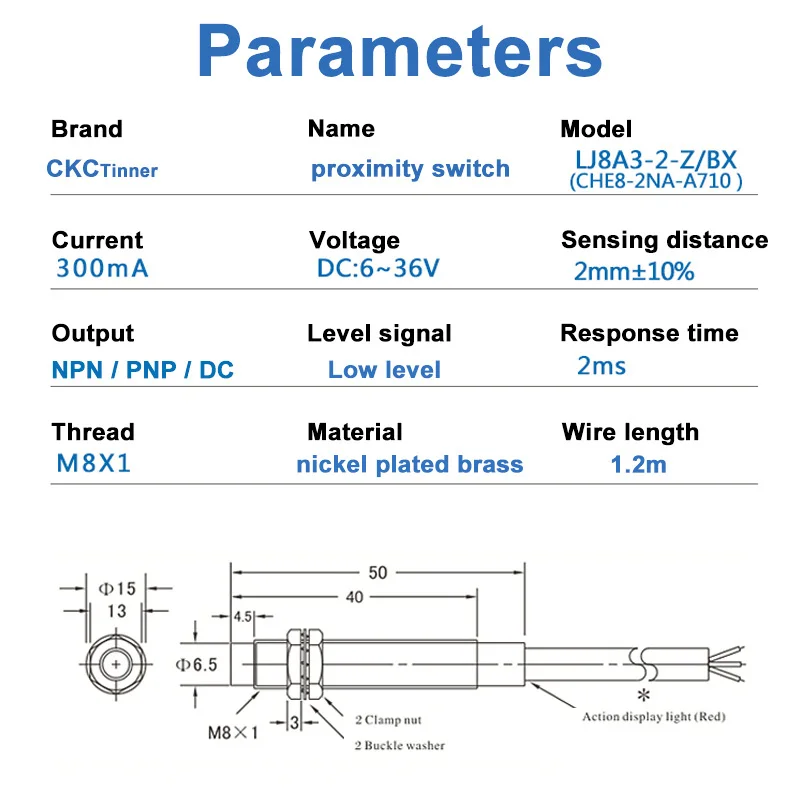 Proximity Switch Sensor   LJ8A3-2-Z/BX BY/AX/AY/EX/DX M8 2m Inductive Detection NPN/PNP NO NC AC220V DC 6-36V Approach Sensor