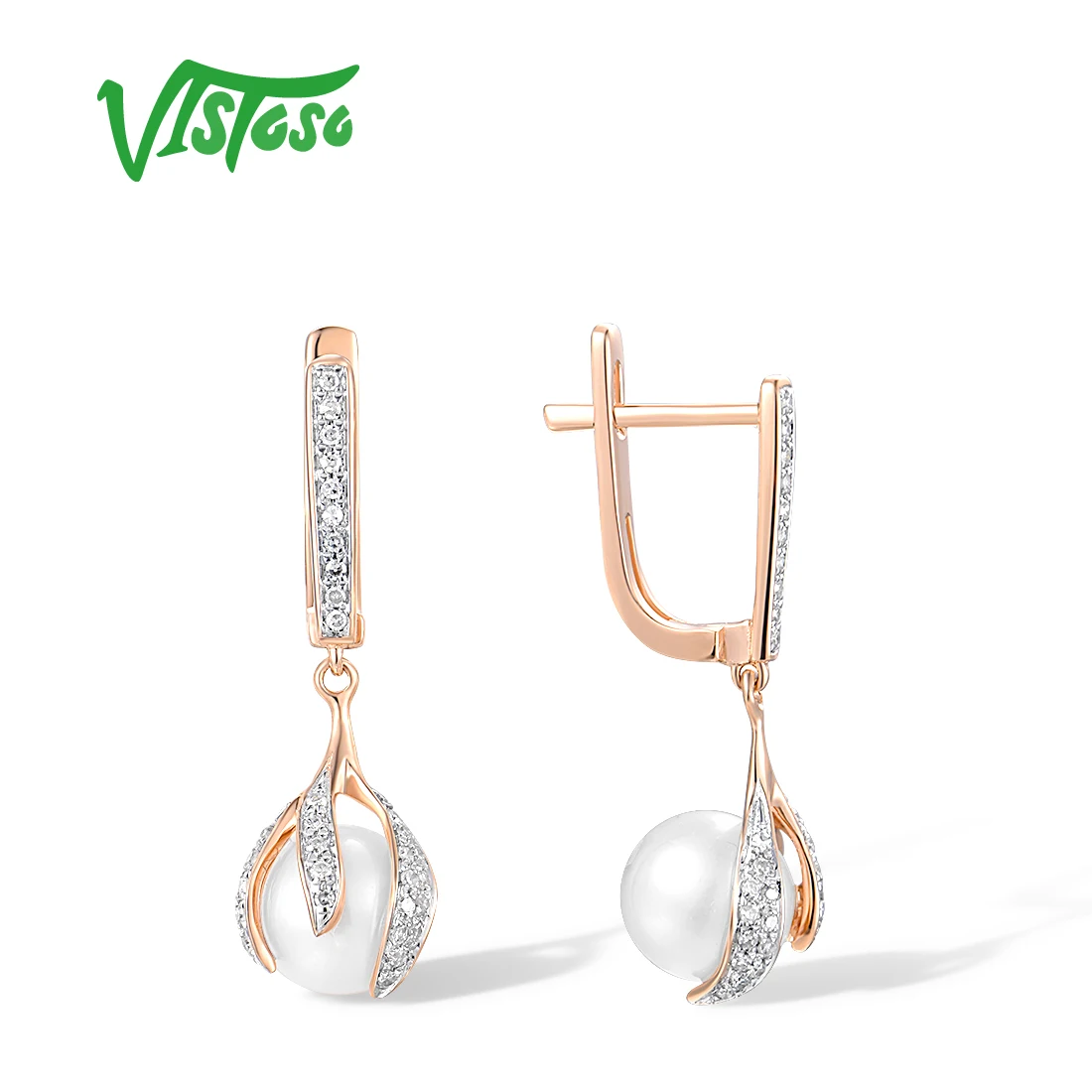VISTOSO Real 14K 585 Rose Gold Earrings For Women Fresh Water White Pearl Sparkling Diamonds Dangling Party Elegant Fine Jewelry