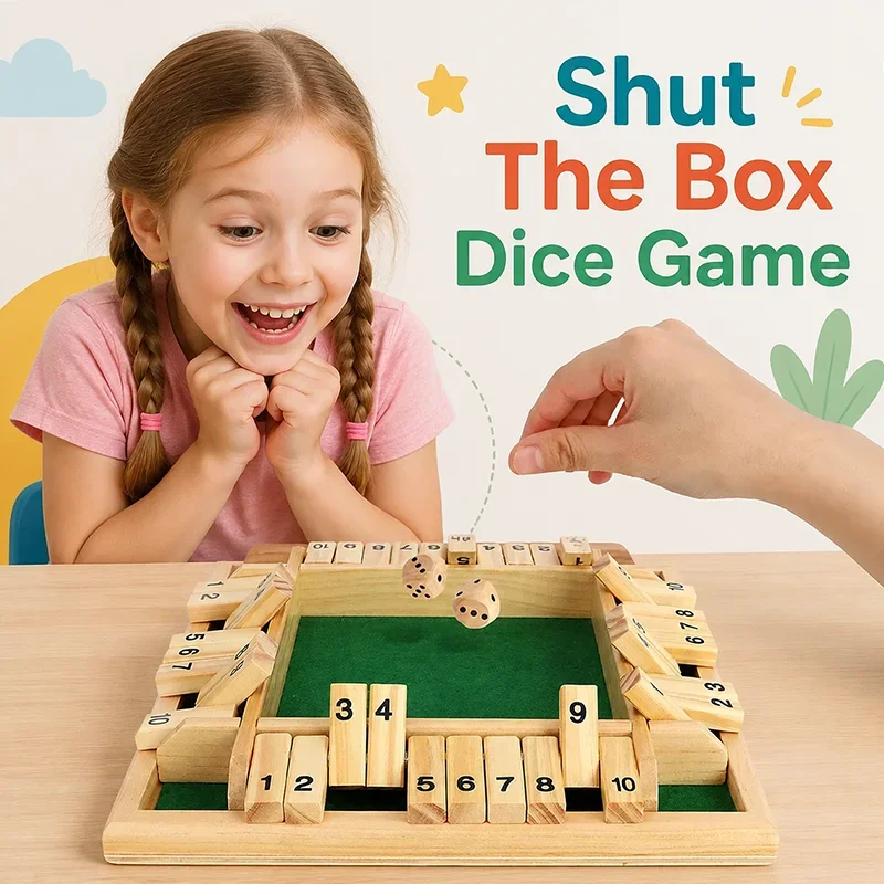 Shut The Box Board Game 4 Sided Set, Wooden 10 Number Dice Game for Family Night, Parties, Bars, Travel, Kids and Adults Play