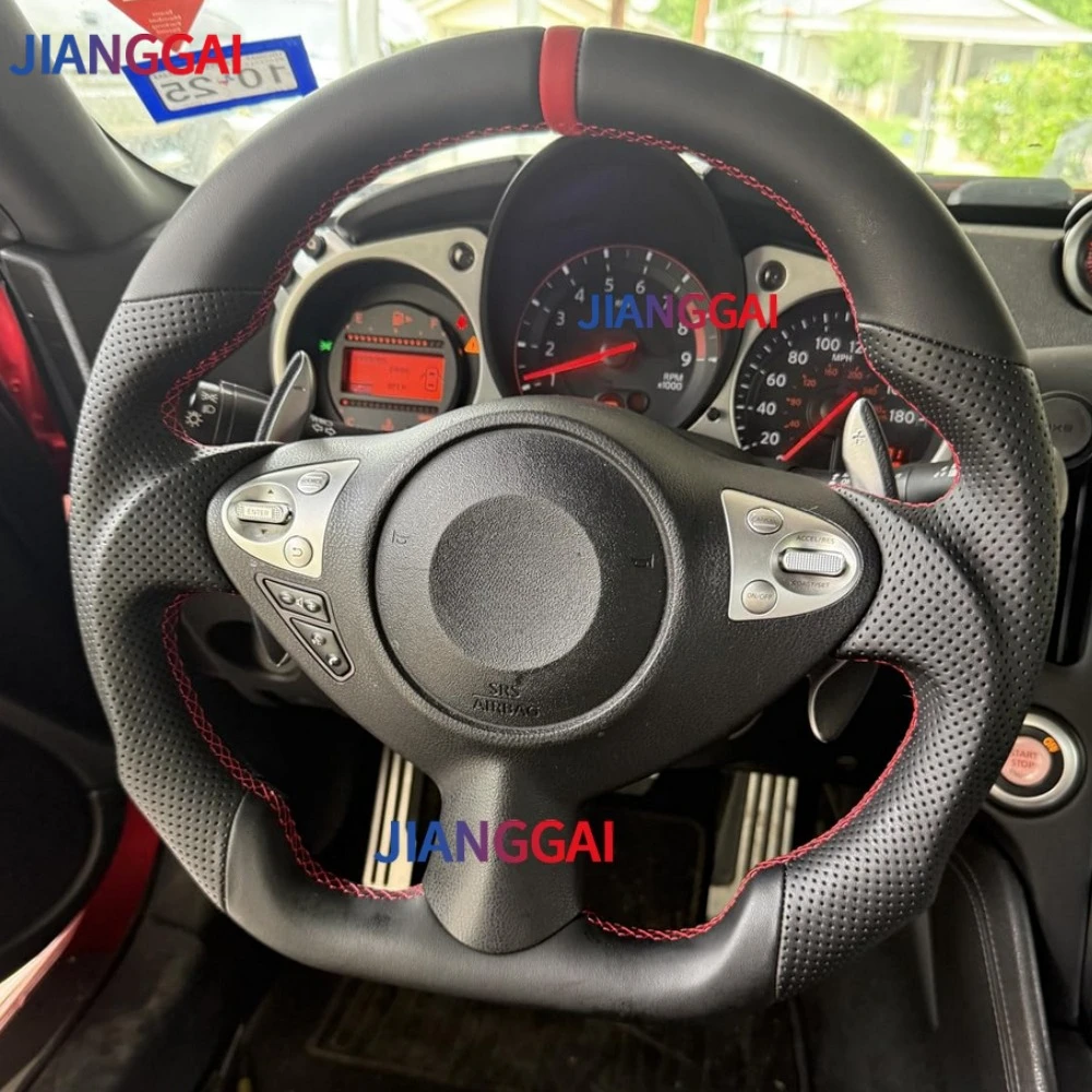 Leather Steering Wheel For Nissan 370z NISMO Steering Wheel Smooth Leather D-Shape Flat-bottom Racing Wheel Red Stripe 08-19