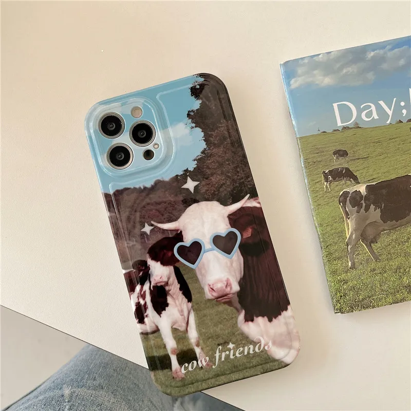 Divertenti occhiali da sole estivi cow friends farm partner art Phone Case per iPhone 15 14 13 12 Pro Max Case Cute Cover morbida antiurto