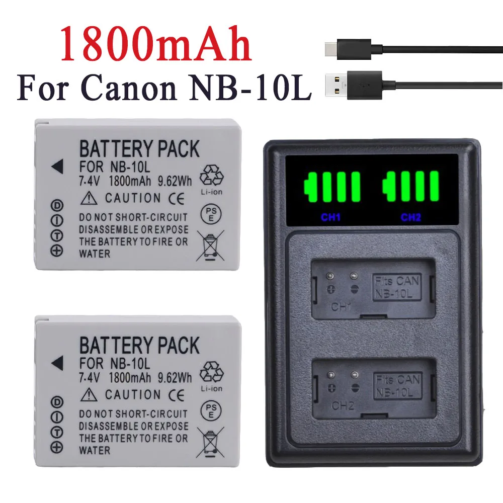 1800mAh NB-10L NB10L Battery + NB 10L Battery Charger With USB and Type C Port for Canon G1X G15 G16 SX40HS SX50HS SX60HS SX40