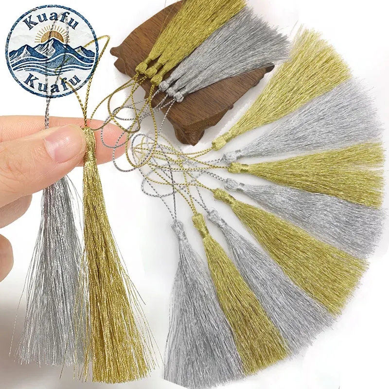 10-100 Piezas de Borlas Doradas y Plateadas de 8cm, Hechas a Mano con Hilo de Rayón, Borlas de Poliéster Sedoso, Flecos Decorativos para Manualidades, Marcapáginas y Joyería
