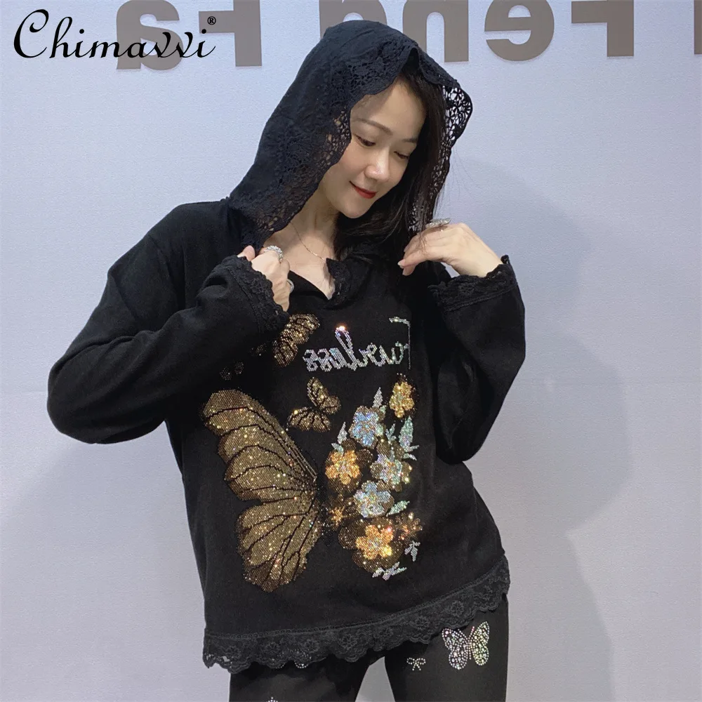 

European Heavy Rhinestone Lace Patchwork Hooded Long Sleeve Top for Women New Fashion Loose Knitted Sweater Autumn and Winter