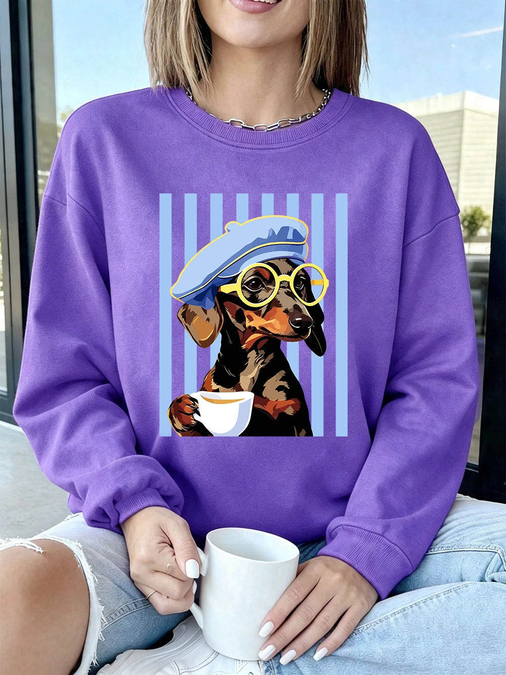 Dackel-Illustrationsdrucke, Sweatshirts für Damen, Winter-Fleece, warme Kapuzenpullover, Rundhalsausschnitt, lockere Oberteile, Basics, sportliche Damenbekleidung – Detail 16
