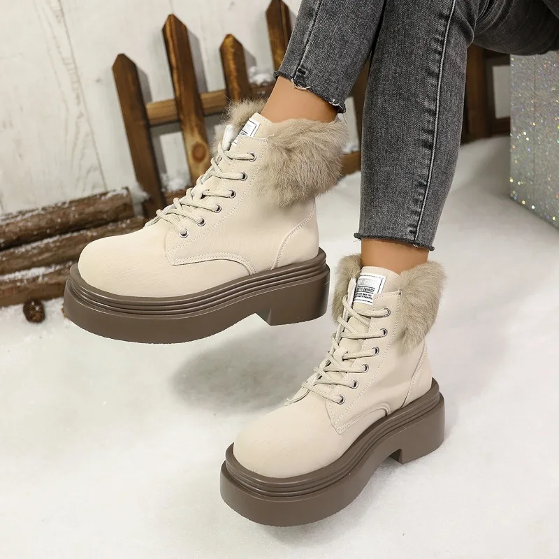 Shoes for Women 2024 High Quality Cross Lacing Women's Boots Fashion Short Plush Modern Boots Women New Round Toe Naked Boots