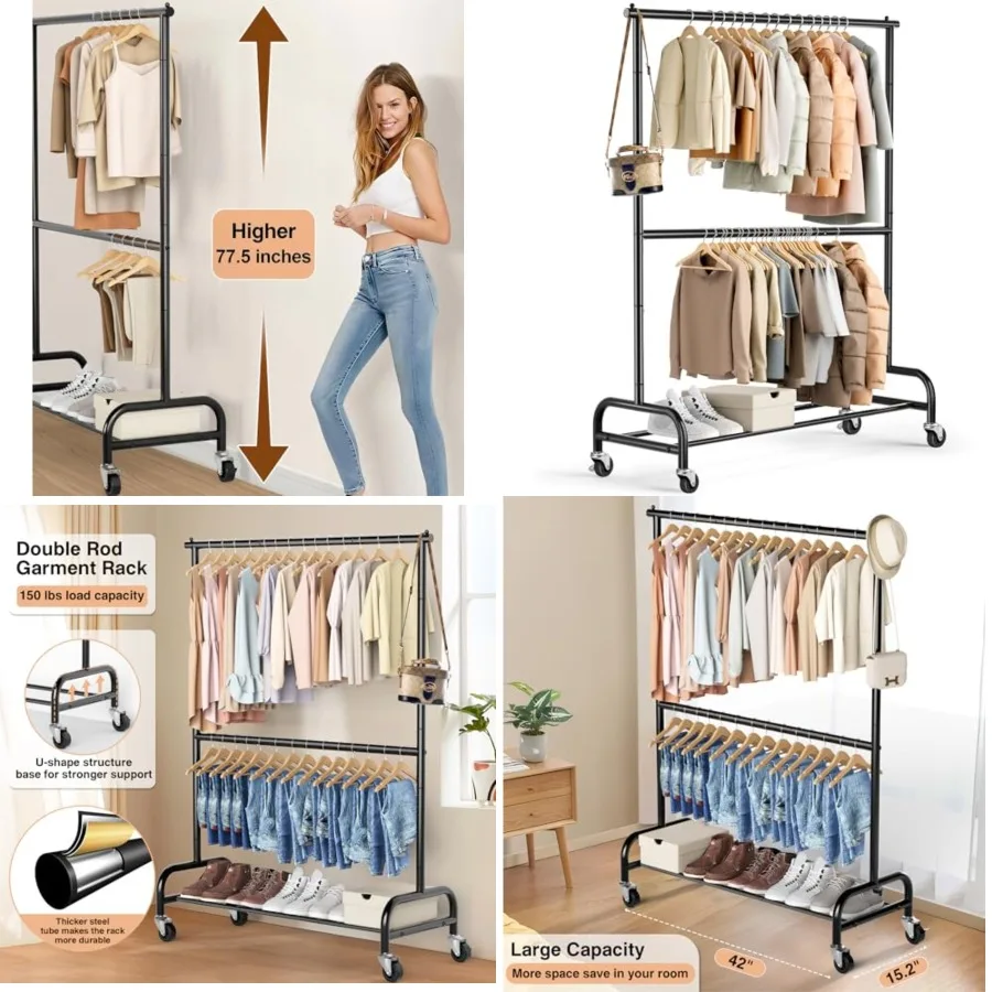 

Heavy Duty Clothing Racks for Hanging Clothes Rack Double Rod Garment Rack Rolling Closet Wardrobe Rack on Wheels, Metal, Adjustable, Black