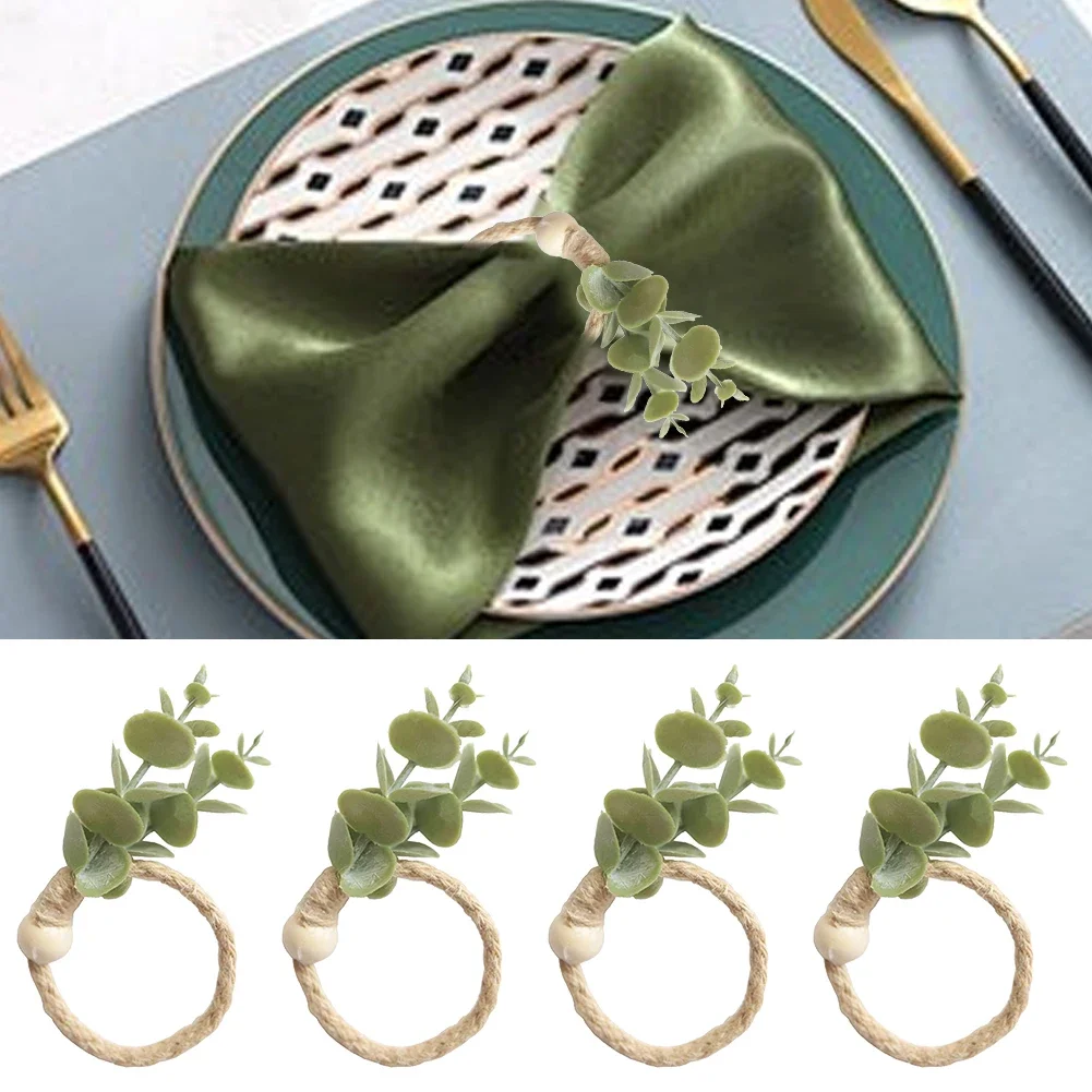 4 Pcs Christmas Party Napkin Buckle Elegants Eucalyptus Leaf Napkin Rings With Wood Bead Accents For Farmhouse Table Decorations