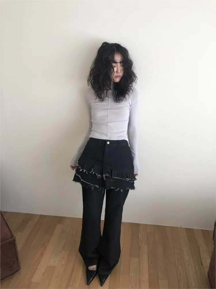 Jeans Spring Long Straight Pant Women Pleated Patchwork Fashion High Waist Ladies Trousers Korean Style Loose Woman Pants Skirts