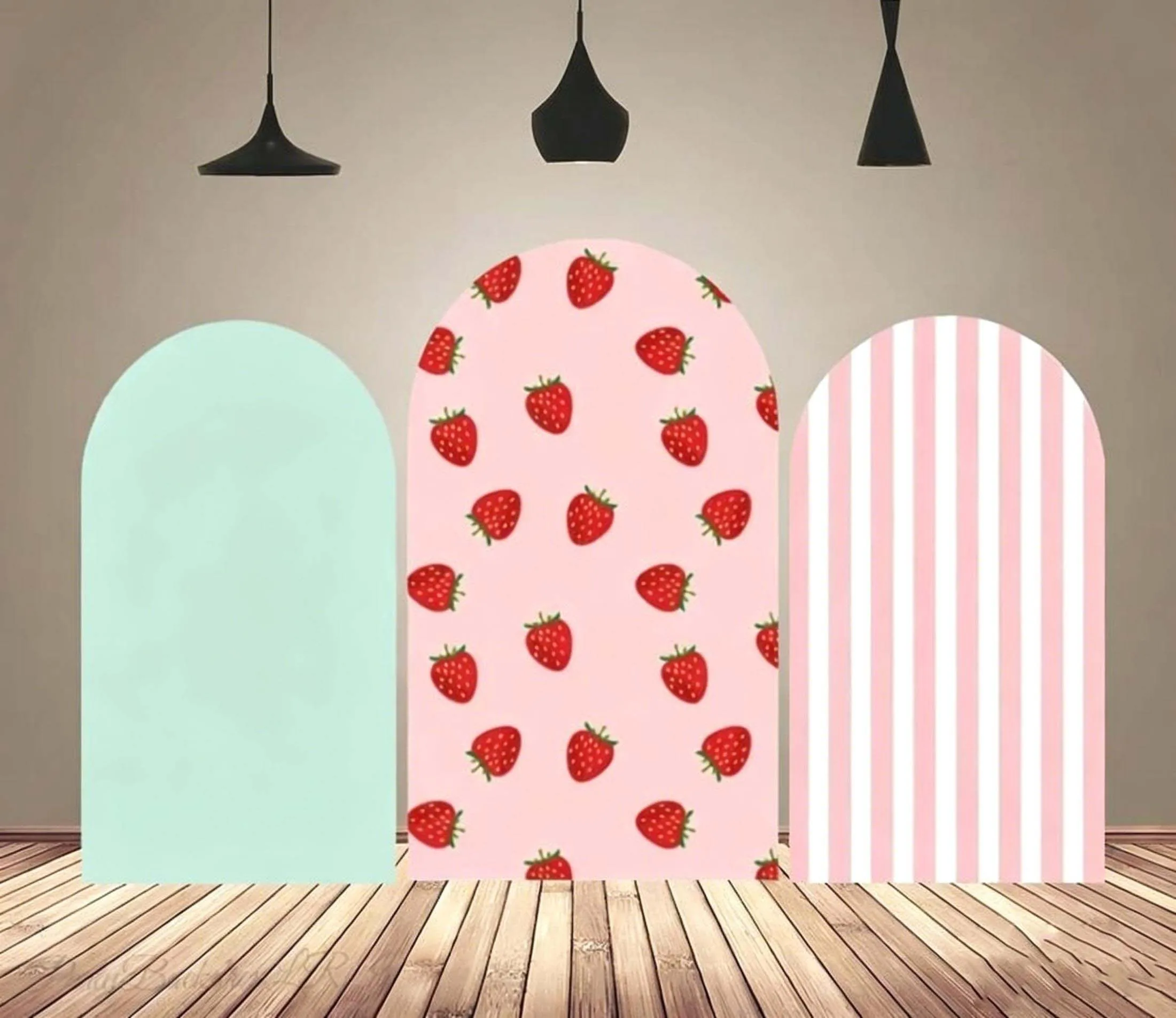 Custom 2-Side Strawberry Baby Shower Arch Backdrop Cover Pink Stripes Diy Name Age Birthday Party Decor Background Photo
