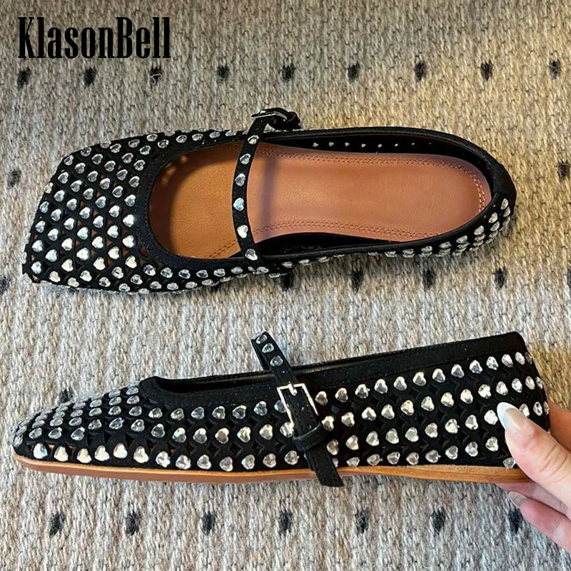 

7.19 KasonBell Women Fashion Bling Love Crystal Hollow Out Ballet Flats Shoes Buckle Strap Square Toe Cow Suede Pumps