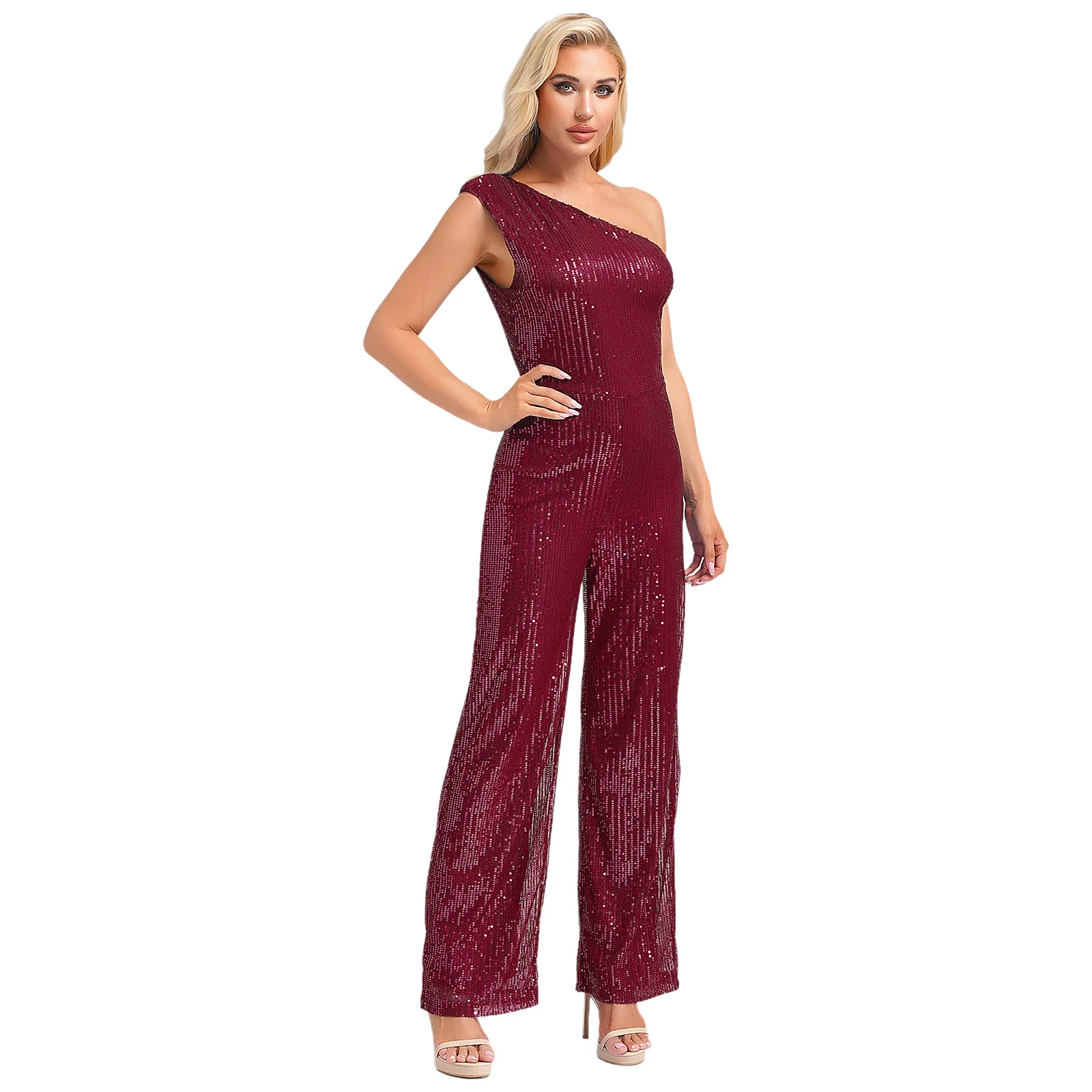 Women Girls One Shoulder Sequin Casual Straight Leg Pants Street Wear One-Piece Outfits Sleeveless Party Formal Romper Playsuit