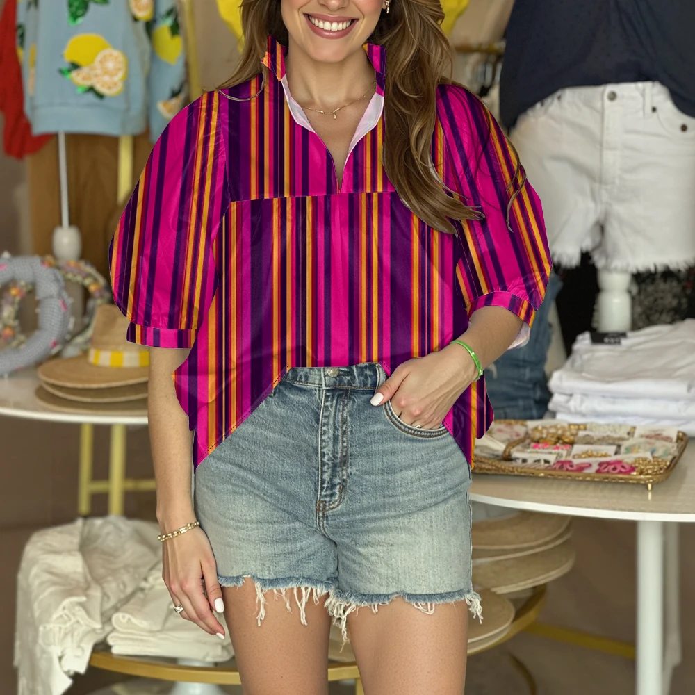

Women's Retro 70s Striped V - Neck Bubble Sleeve Short Sleeve Blouse Colorful Playful Casual Shirt Vintage Punk Streetwear Tops