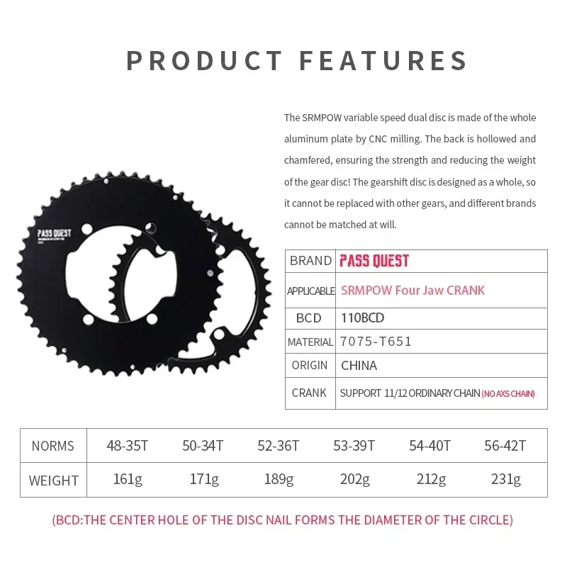 PASS QUEST 110BCD 2X sprocket AERO Road Gravel Bike for11-12 Speed ordinary chains Bicycle Accessories