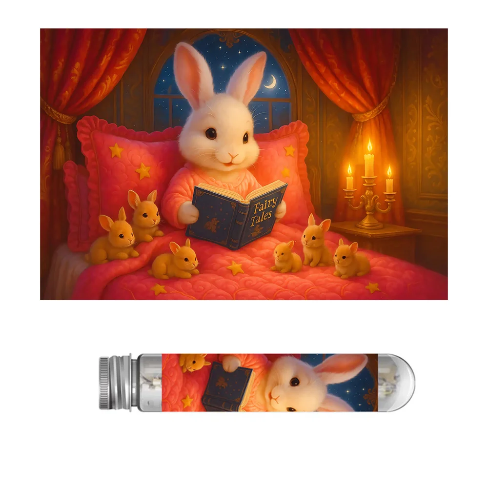 Mini 150‑Piece Jigsaw Puzzle in Test Tube Packaging, Cute Good Night Rabbit Night Reading Pattern, Relaxing Family