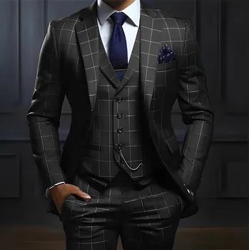 Plaid Men's suit 3 piece Suit Formal Business Work Clothes Party Groom Wedding Tuxedo Custom Color XS-5XL Suit Men 2