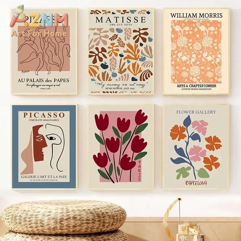 AZNM Matisse Picasso William Morris Canvas Wall Art Vintage Abstract Flower Exhibition Print Unframed Canvas Poster for Living R