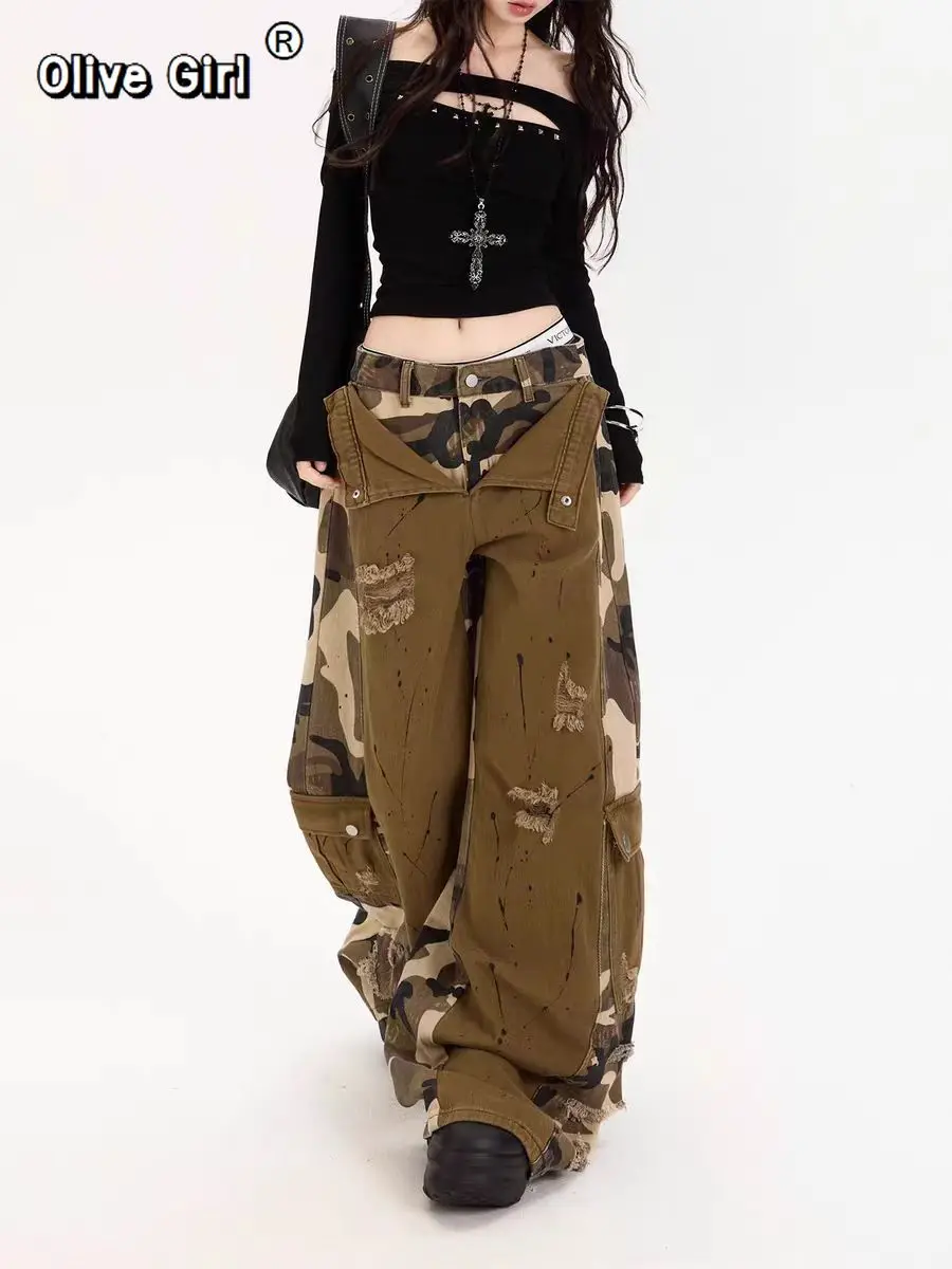 النساء الجينز Harajuku خمر فضفاض سراويل جينز براون التمويه المرقعة ممزق البضائع اليابانية 2000s Y2k ممزق الجينز السراويل #5