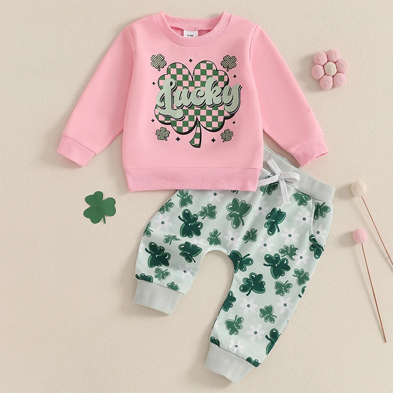 Lioraitiin Toddler Baby Girls Spring St. Patrick's Day Outfits Clover Letter Pattern Long Sleeve Sweatshirt Pants Clothes Set