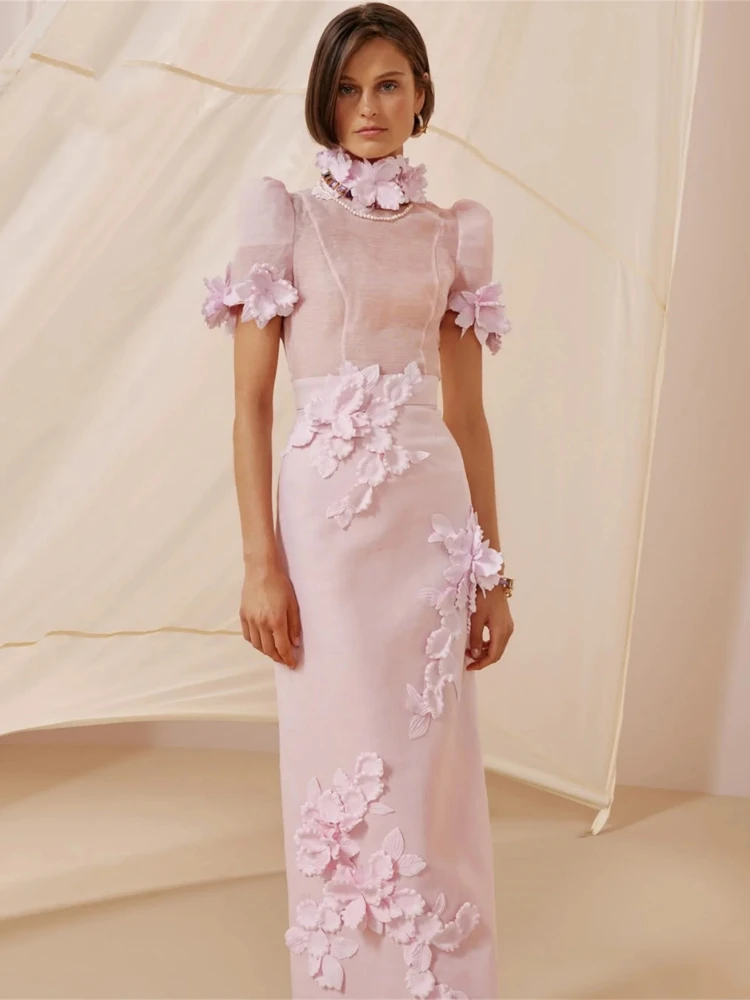 エレガントなピンクのアップリケ付きプロムドレス 女性用 ハイネック 半袖 ストレート フォーマルパーティードレス فساتين سهرة カスタマイズ可能