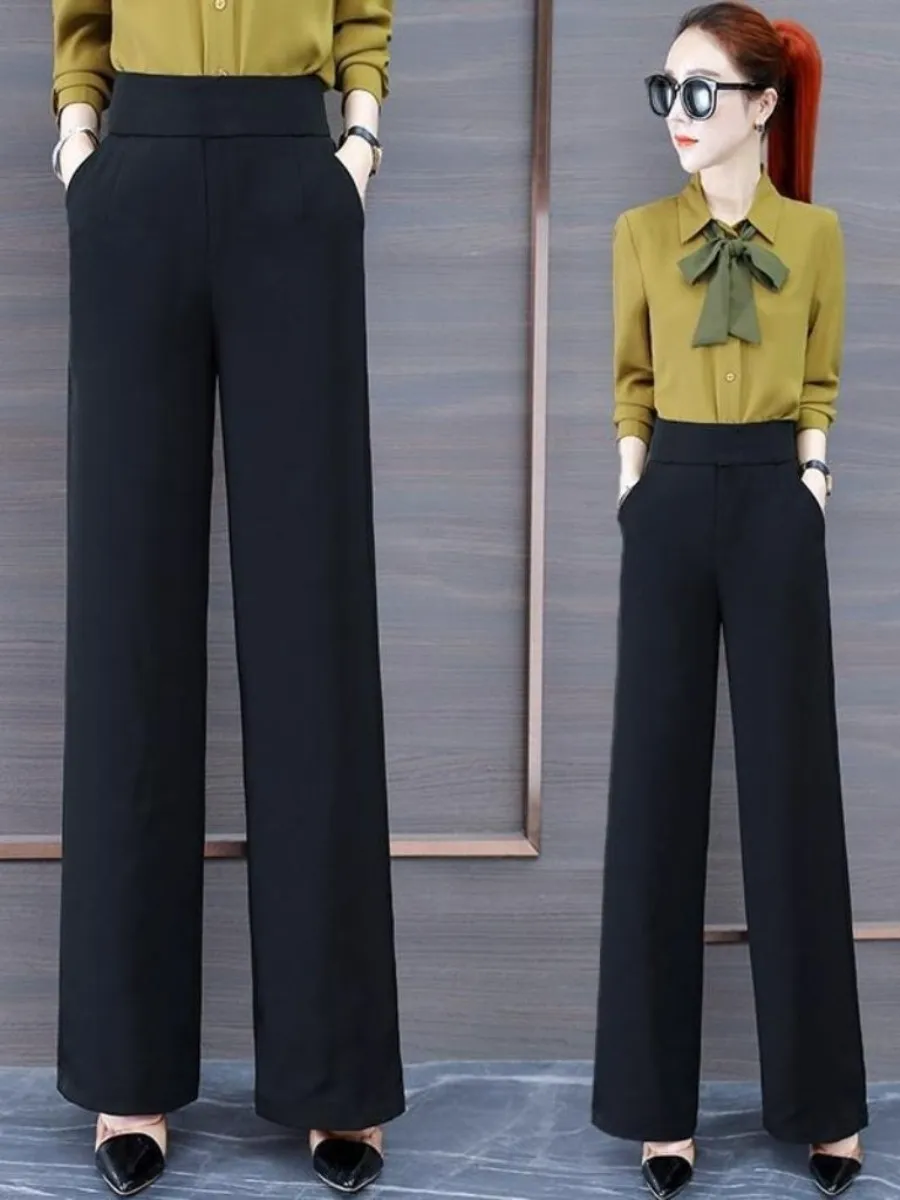 faionable-high-waist-wide-leg-pants-women's-spring-autumn-loose-straight-cut-casual-slimming-tee-piece-set-ele