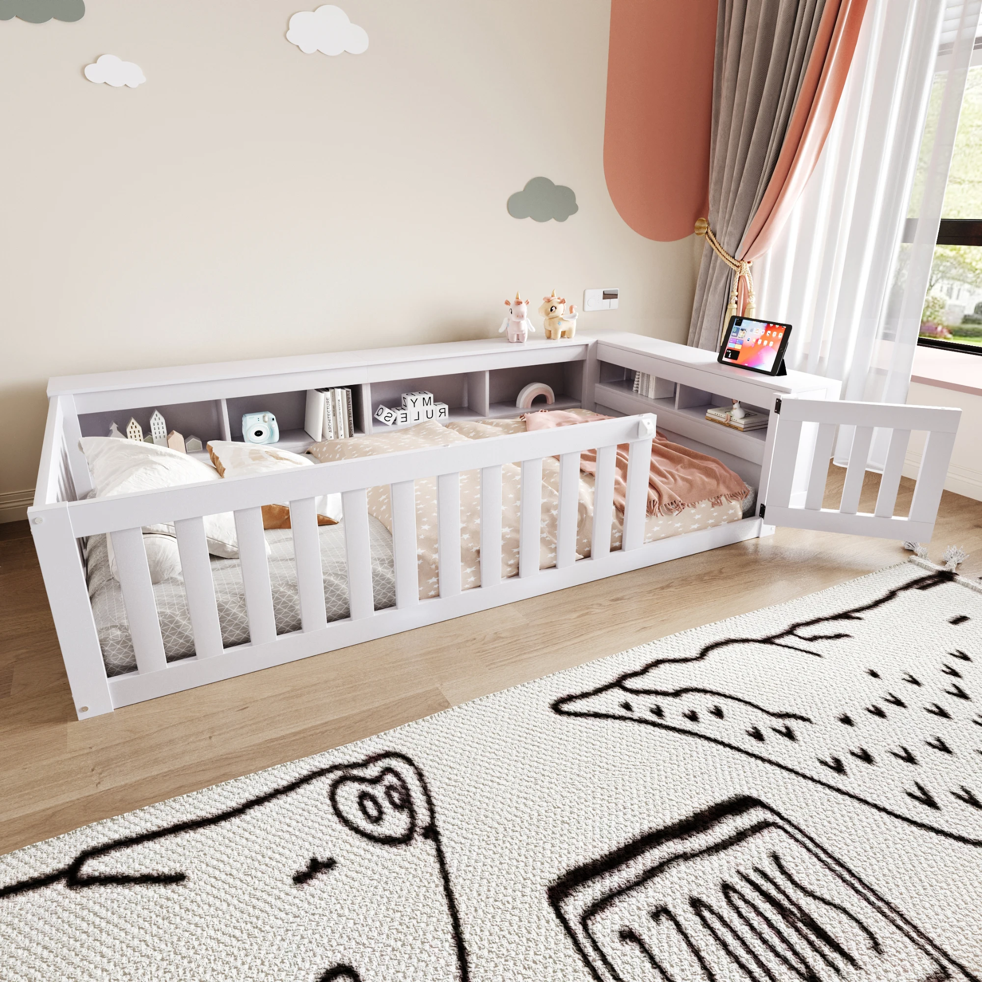 Lit enfant simple avec barrières, portillon et rangements 90 × 200 cm, sans matelas, en bois massif, blanc