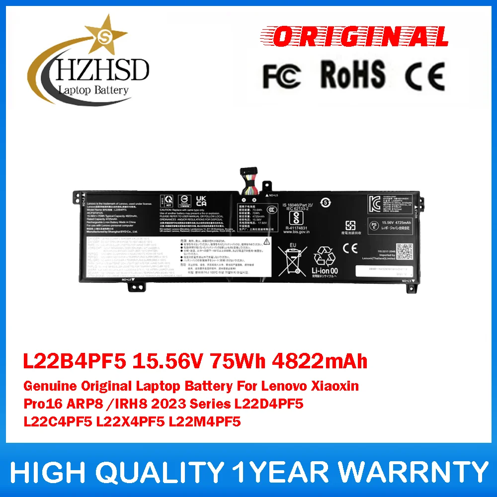 

L22B4PF5 15.56V 75Wh 4822mAh Genuine Original Laptop Battery For Lenovo Xiaoxin Pro16 ARP8 /IRH8 2023 L22D4PF5 L22C4PF5 L22X4PF5
