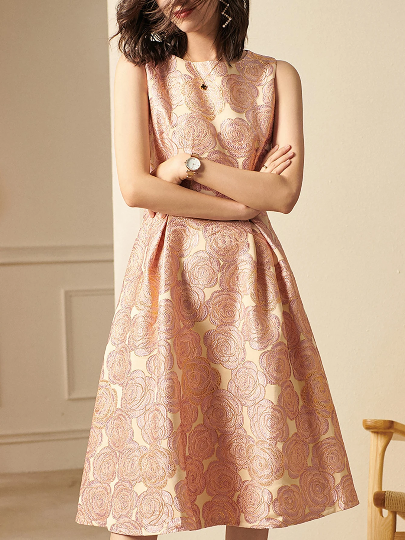 DEVCHATA Elegante Frauen Ärmellose Sommer Jacquard Boho Floral Vintage Damen Party Kleidung Neue A-Line Midi Kleid Damen Kleider – Detail 5