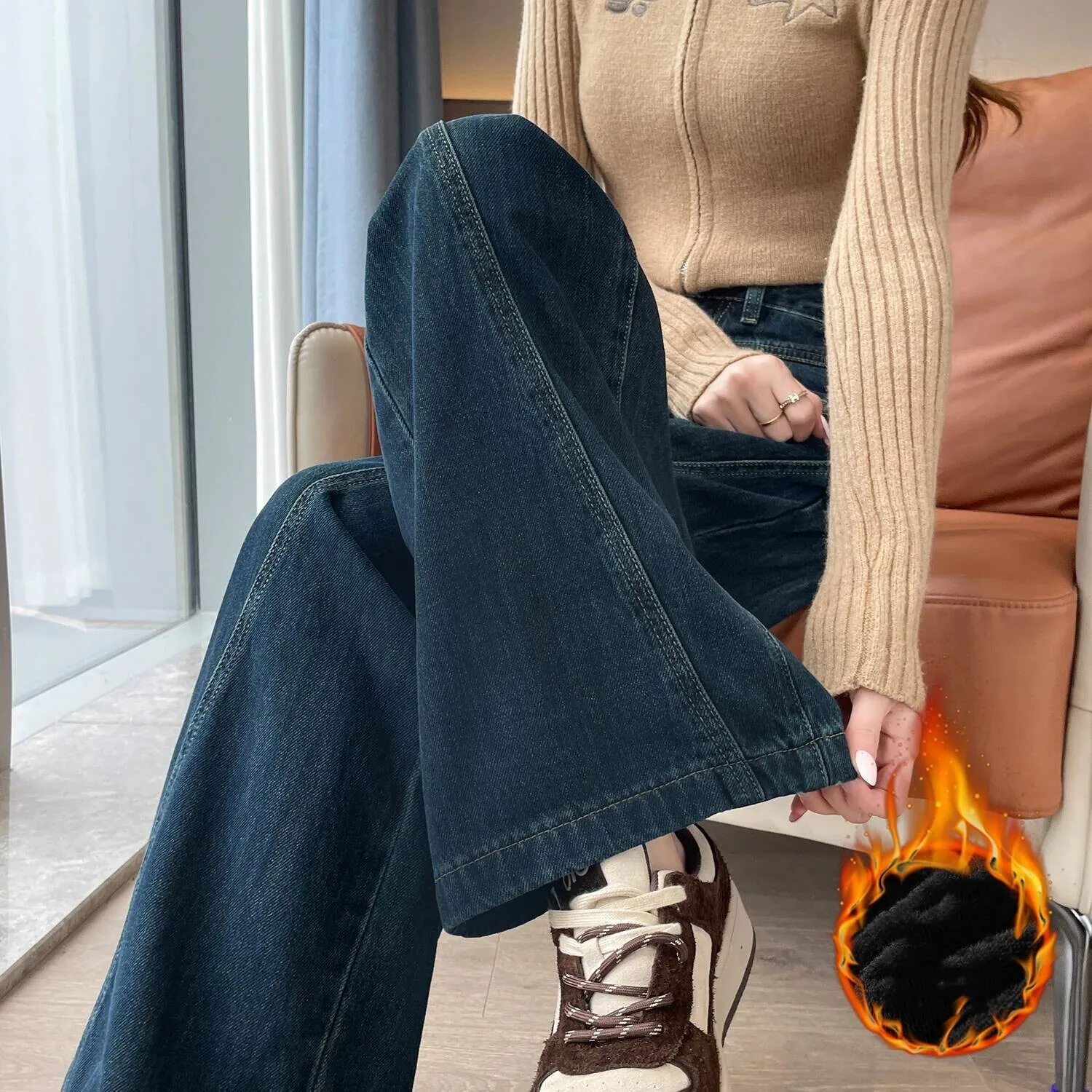 الصوف امرأة الخصر الجينز سيدة الأمريكية شارع العليا السراويل المستقيمة الفتيات أسود رمادي التباين اللون واسعة الساق السراويل