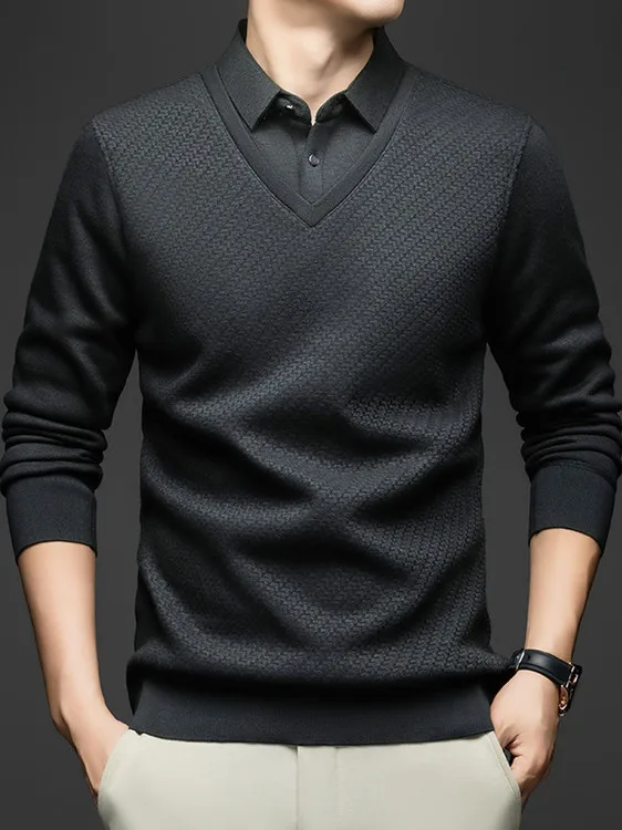 

Men's Autumn Winter High End Fce Lined Thiened Long Sve irt Fake Two-Piece Warm Base Layer irt Ci Walk Sui...