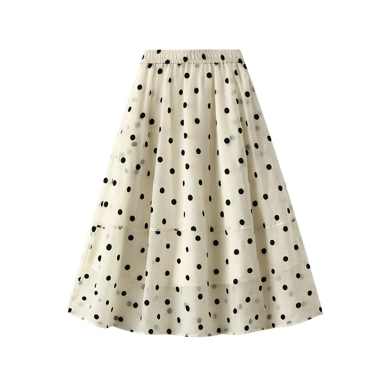 Summer Polka Dot Skirt Literary Flowing Large Hem Elastic Waist Skirt 2024 New Pleated Ruched Skirt for Women Elegant Streetwear