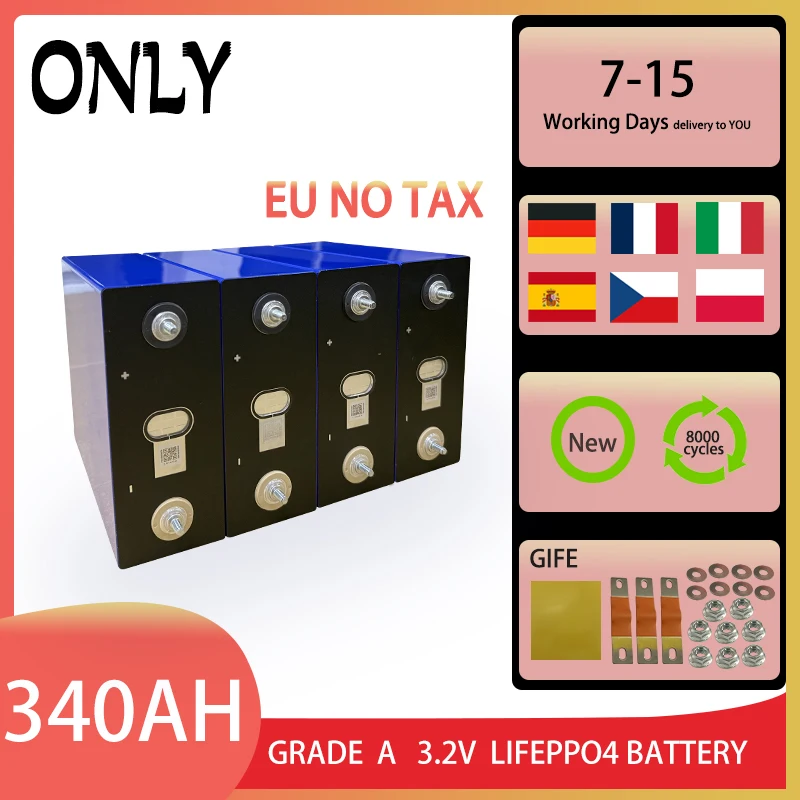 

8000 циклов 3,2 В 340 Ач Lifepo4 аккумуляторная литий-железо-фосфатная батарея класса A, подходит для дома на колесах своими руками 12 В 24 В 48 В