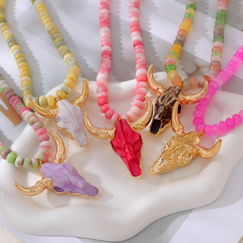 Natural Stone Beaded Necklace with Bull Head Pendant (Color Selected at Random)