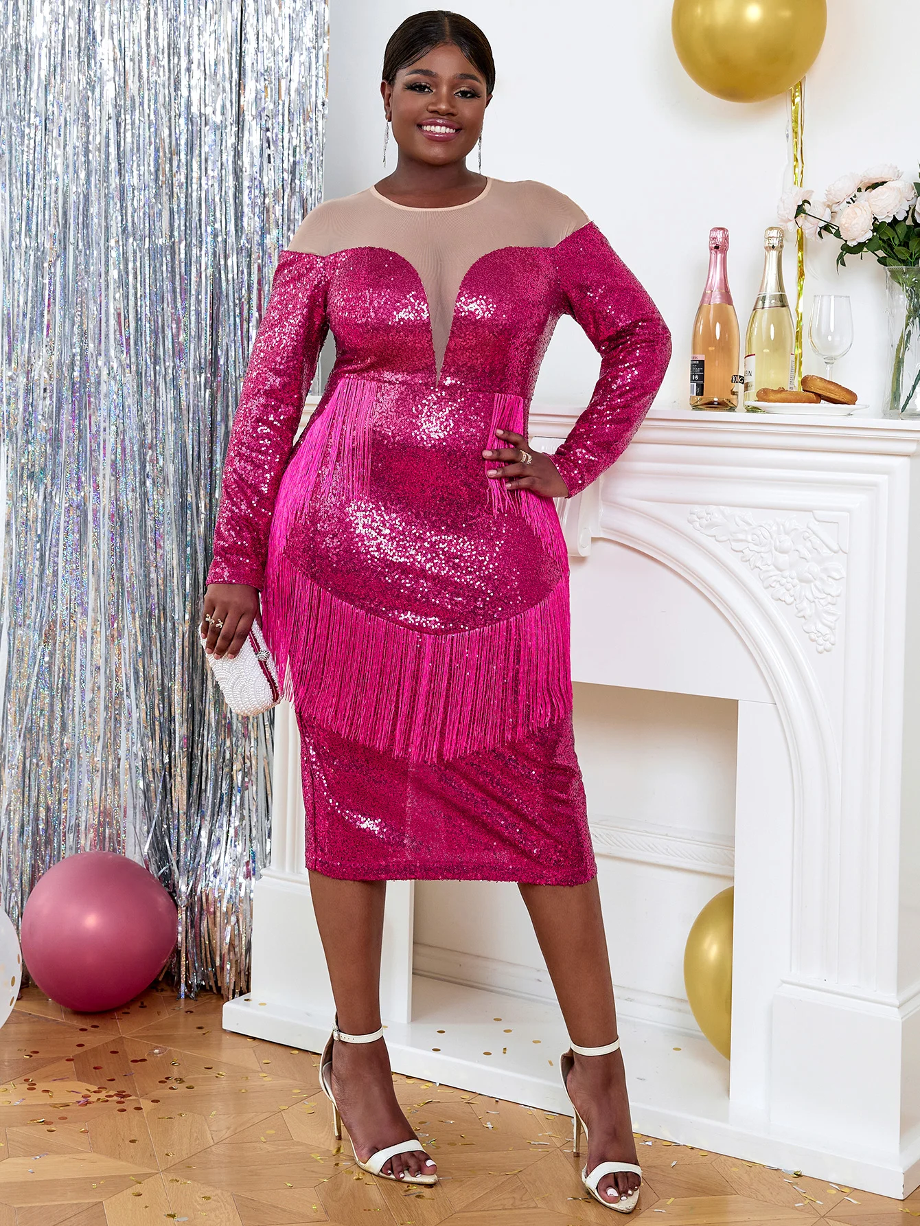 Formal Pink Sequin Midi Dress Luxury Fringe Hem Sheer Contrast Long Sleeve Fitted Fuchsia Glitter Dress Evening Party Prom Gowns