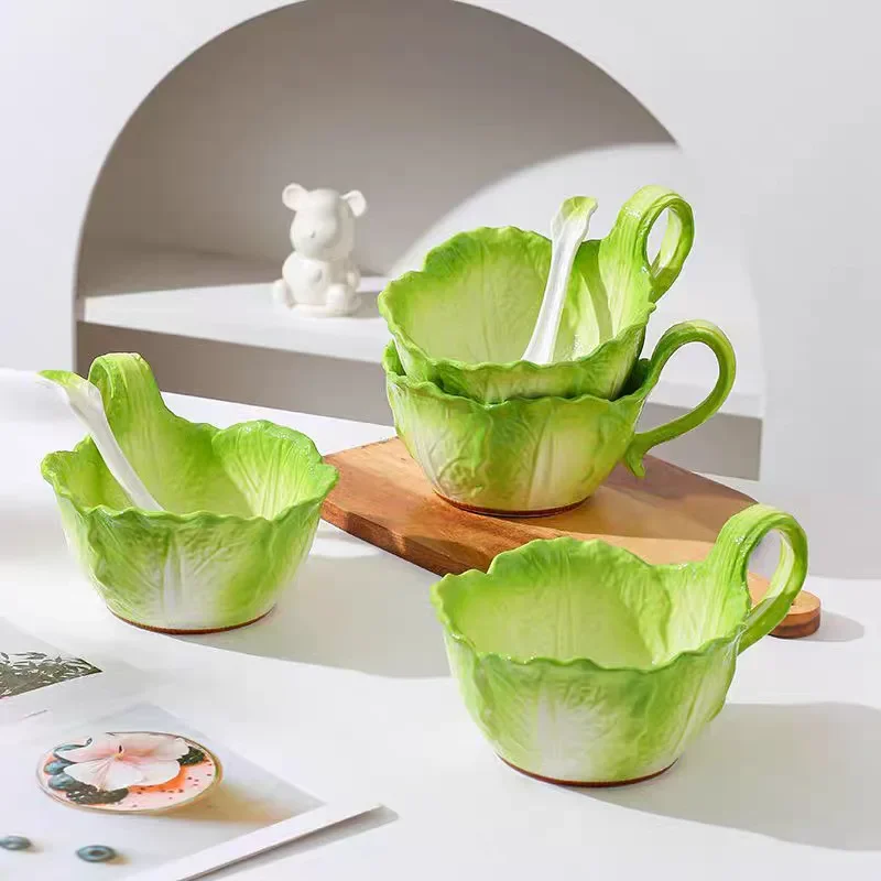 Cabbage Design Ceramic Bowl,Aesthetic Handled Bowl for Salad Noodle Soup,Home Tableware,Fruit Veggie Bowl,Creative Kitchenware