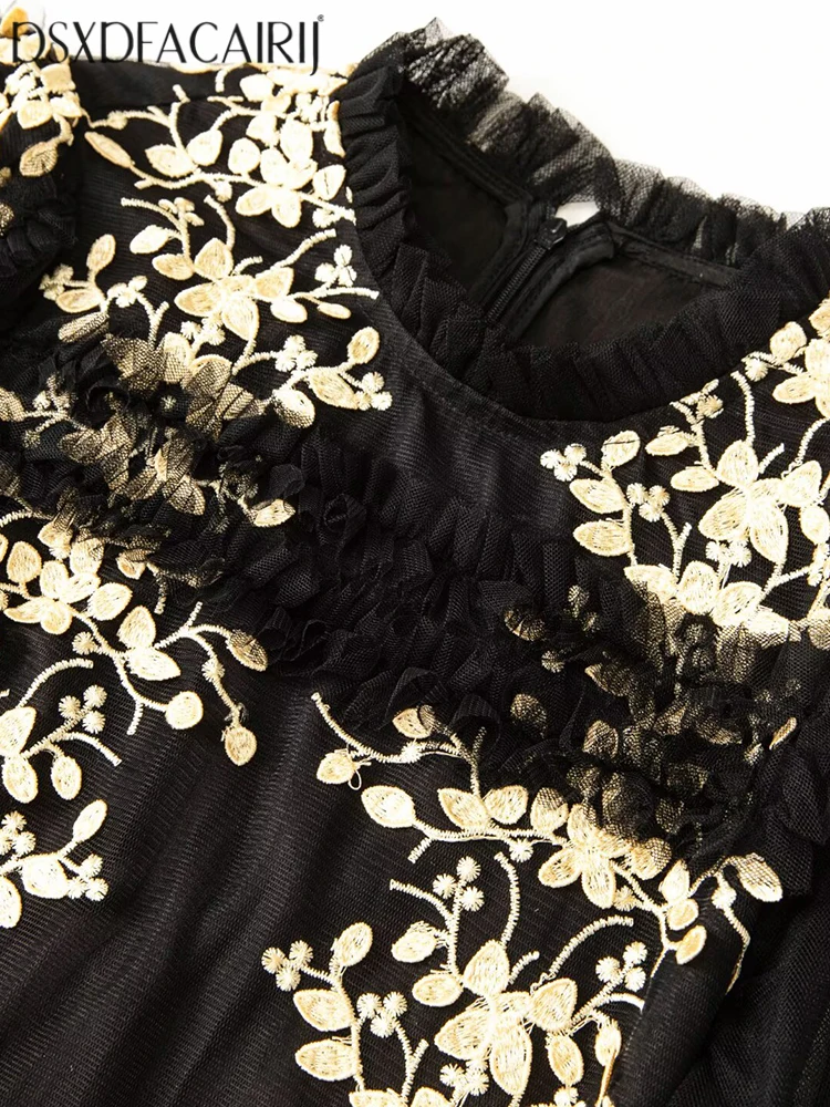 DSXDFACAIRIJ فستان ماكسي شبكي مطرز بالزهور للنساء بياقة واقفة وأكمام واسعة وكشكشة فساتين عتيقة موضة الخريف للسيدات