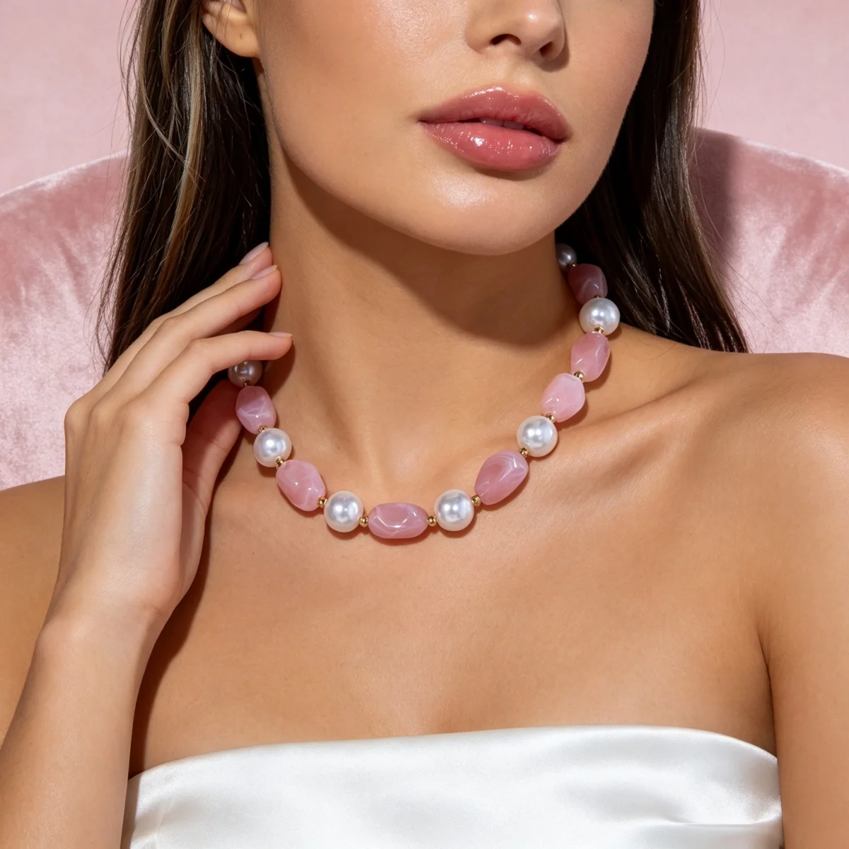 Französische sanfte barocke Halskette mit simulierten Perlen aus rosa Harz für Damen und Herren, elegante, süße, unregelmäßige Perlen, Choker-Schmuck, Geschenk – Detail 11