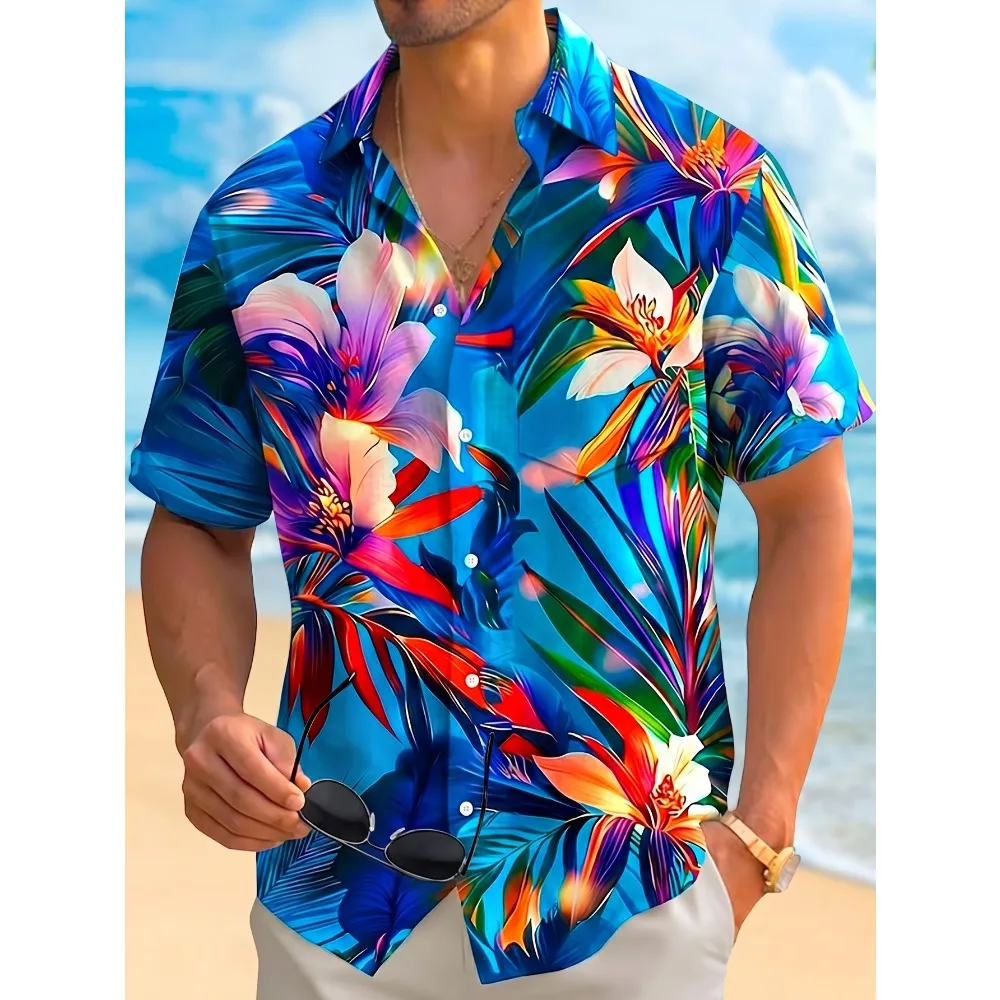 Vibrant Rainbow Tropical Flower Leaf Graphic Men Short Sleeve Button Down Vacation Shirt