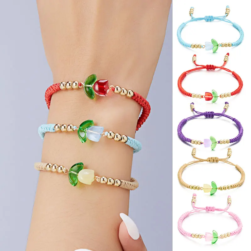 Light Luxury Purple Tulip Bracelet For Women Korean Resin Flower Beaded Adjustable Charm Bracelet Handmade Friendship Jewelry