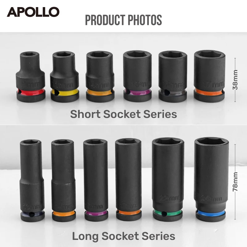 Apollo 1/2" Drive Impact Socket Set 10PC 8-24mm, Thick-Wall CrV Steel Pneumatic Sockets w/Color Rings, Auto Repair Kit for Tire