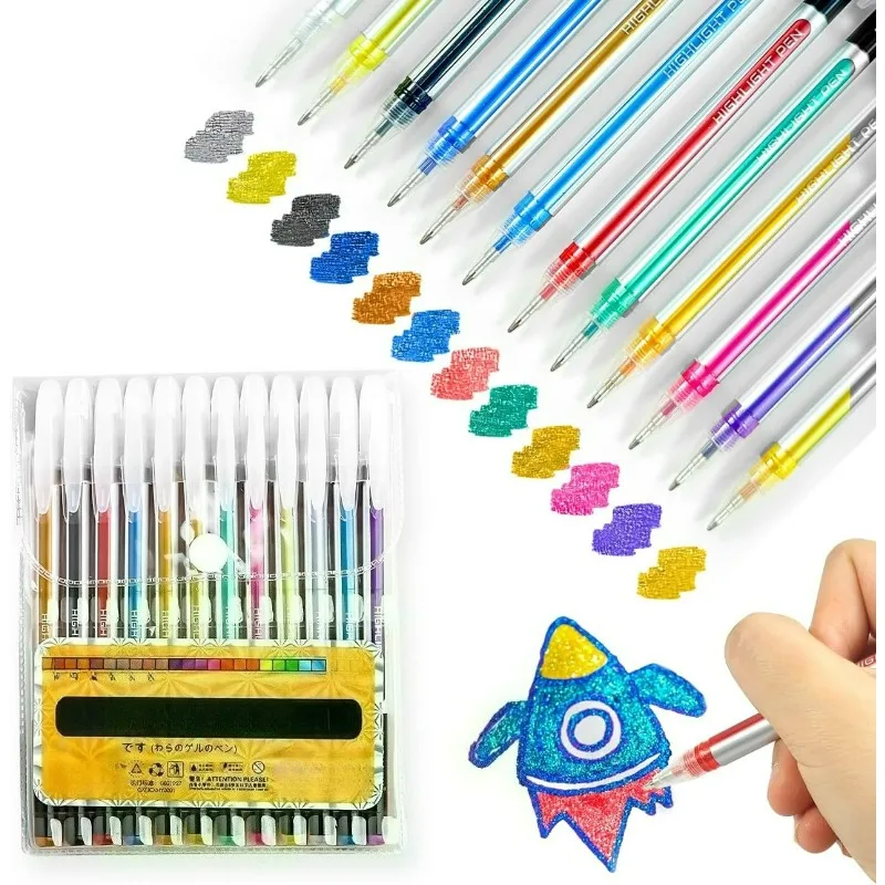 

Набор ручек GlitterGel, 12 цветов ​ Блестящие ручки 1,0 мм с неоновыми и металлическими чернилами для детей/взрослых, раскраска, каллиграфия, журнал, альбом для вырезок