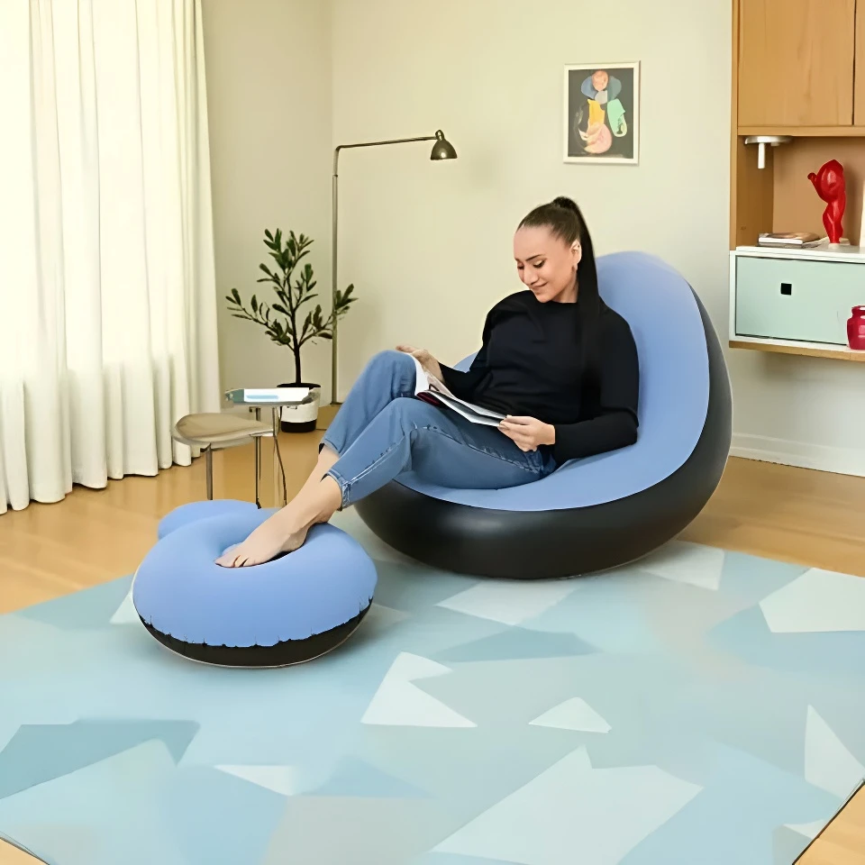 Modern Single Inflatable Bean Bag Lounge Chair With Foot Pump PVC Flocking Foldable Storage Backrest Indoor Outdoor Use