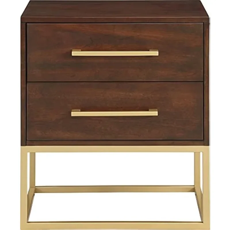 Coleção Birch Veneer Nightstand em Dark Cherry Finish, escovado metal ouro pernas e alças