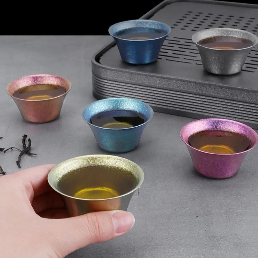 Double Wall Titanium Tea Cup Crystalline Finish Heat Insulated Gongfu Tea Cup Flared Rim Lotus Shape Chinese Tea Cup