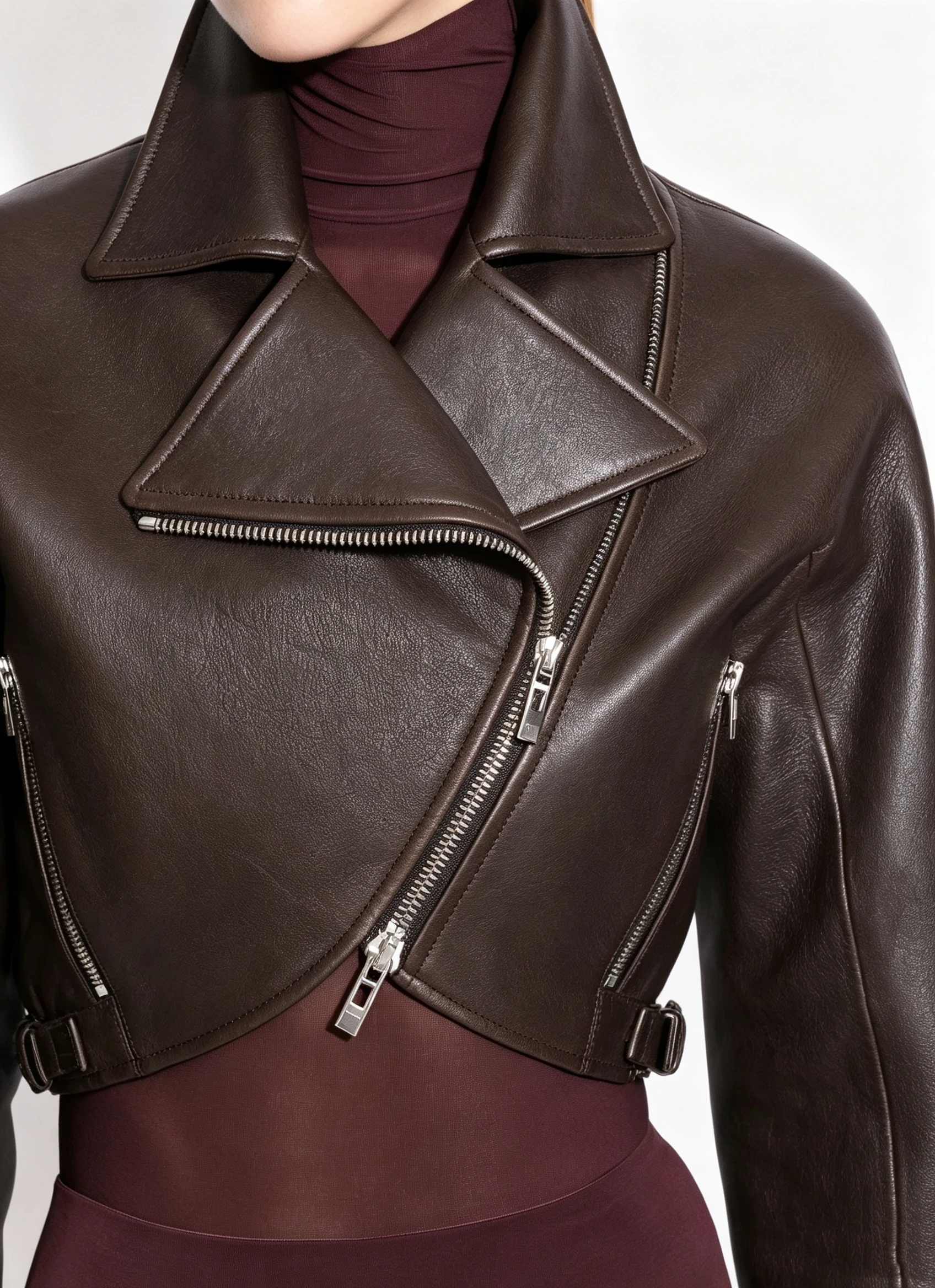 Trendy Dark Brown Cropped Leather Moto Jacket with Asymmetrical Zipper and Oversized Lapel