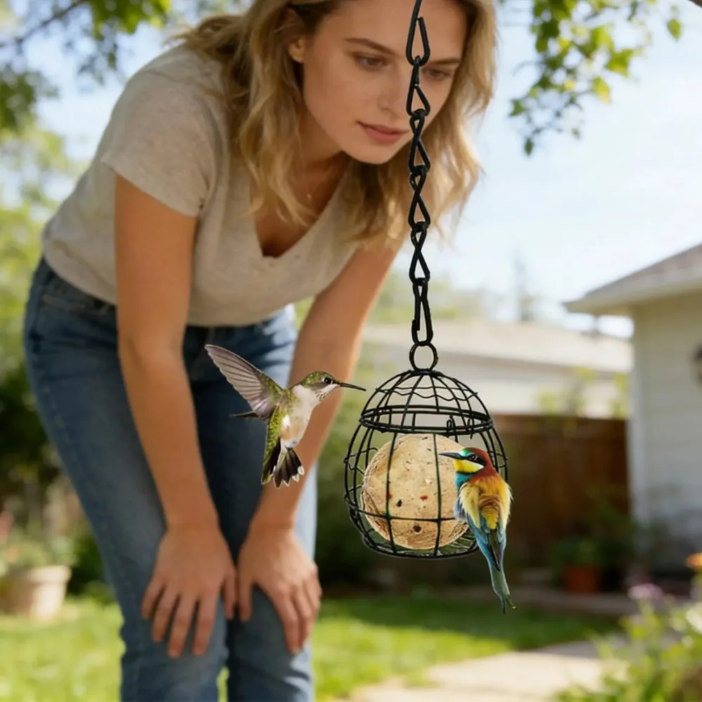 Iron Hanging Bird Feeder Squirrel Proof with Hook Chain Bird Feeding Wire Cage Mesh Bite Resistant Hanging Bird Food Station