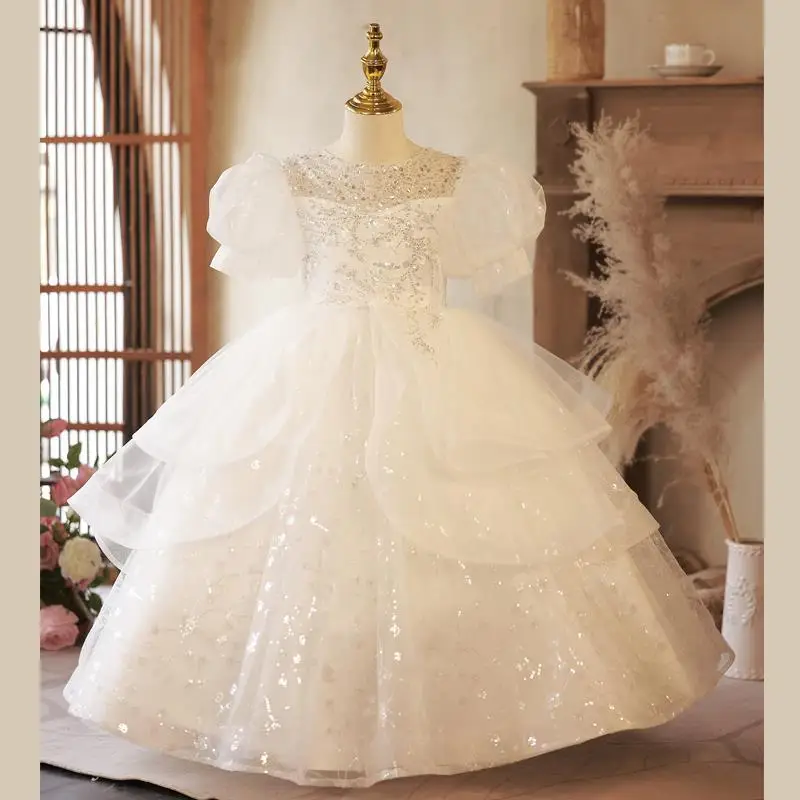 

2024 Princess Evening Dress for Girls Infants Luxurious Sequins Gauze Big Ball Gown Children Elegant Host Dresses Kids Partywear