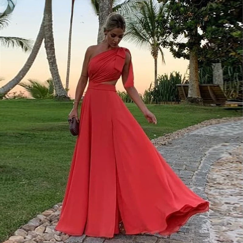 Flowing Chiffon A Line Prom Dresses One Shoulder 2022 Red Long Evening Dress Wedding Party Gowns Cut Out Vestido De Festa